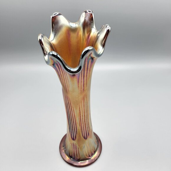 Vtg Fenton Carnival Glass Vase Iridescent Diamond Rib Pattern Art Deco 10.25" - Picture 10 of 11